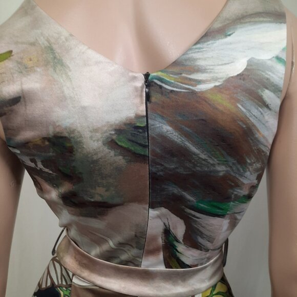 Y2K Butterfly Belted Dress Womens S Mini Sleeveless Fit flare Beige Green - Picture 8 of 11